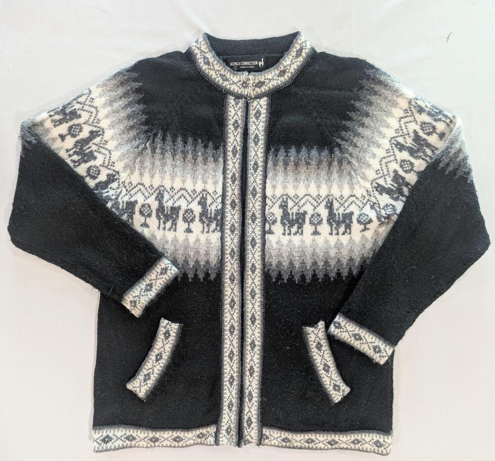 Alpaca Connection Cardigan Womens L Black Gray Llama Fair Isle Zip Sweater